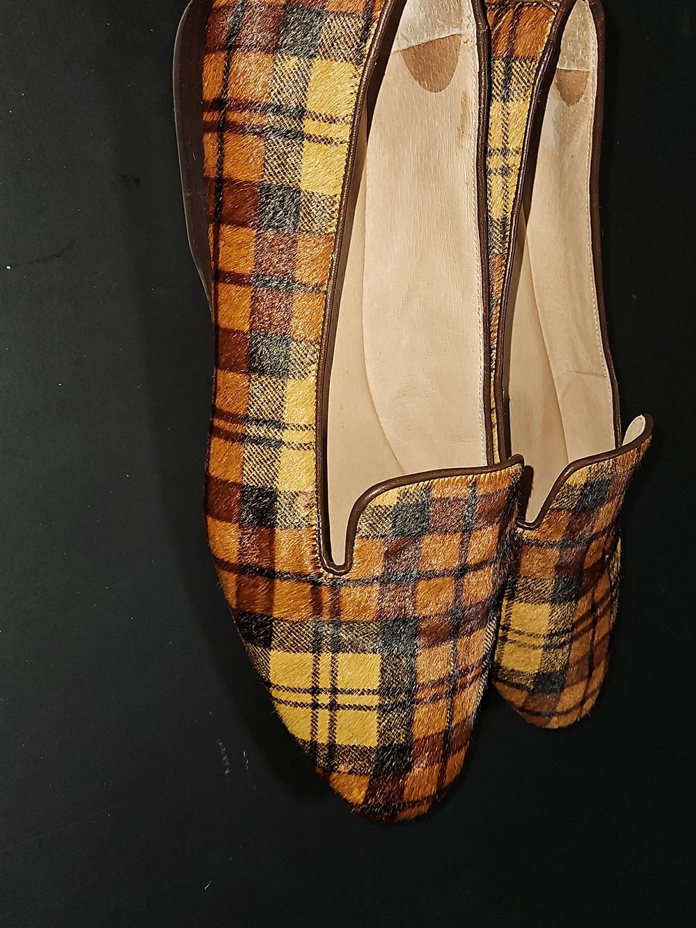 ANTONIO MELANI Yellow and Brown Plaid Calf Hair Women's Loafers Size 9 - Picture 2 of 13
